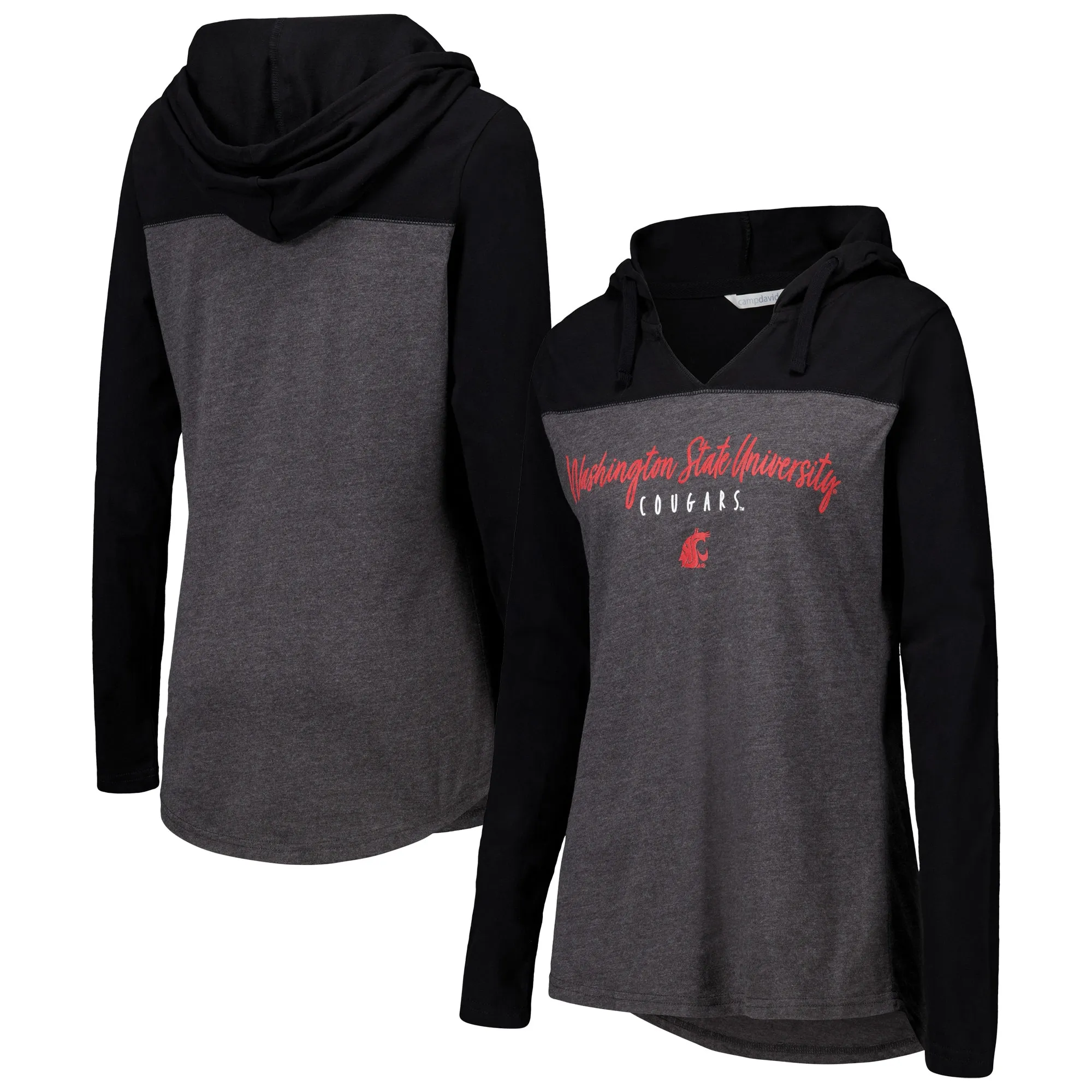 Washington State Cougars Women's Heather Charcoal Knockout Color Block Hoodie V-Neck Long Sleeve T-Shirt