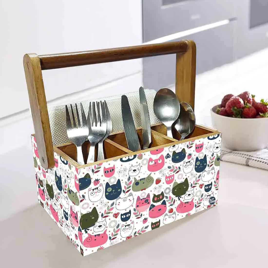 Wooden Spoon Stand for Dining Table Fancy Cutlery Holder With Handle - Cats