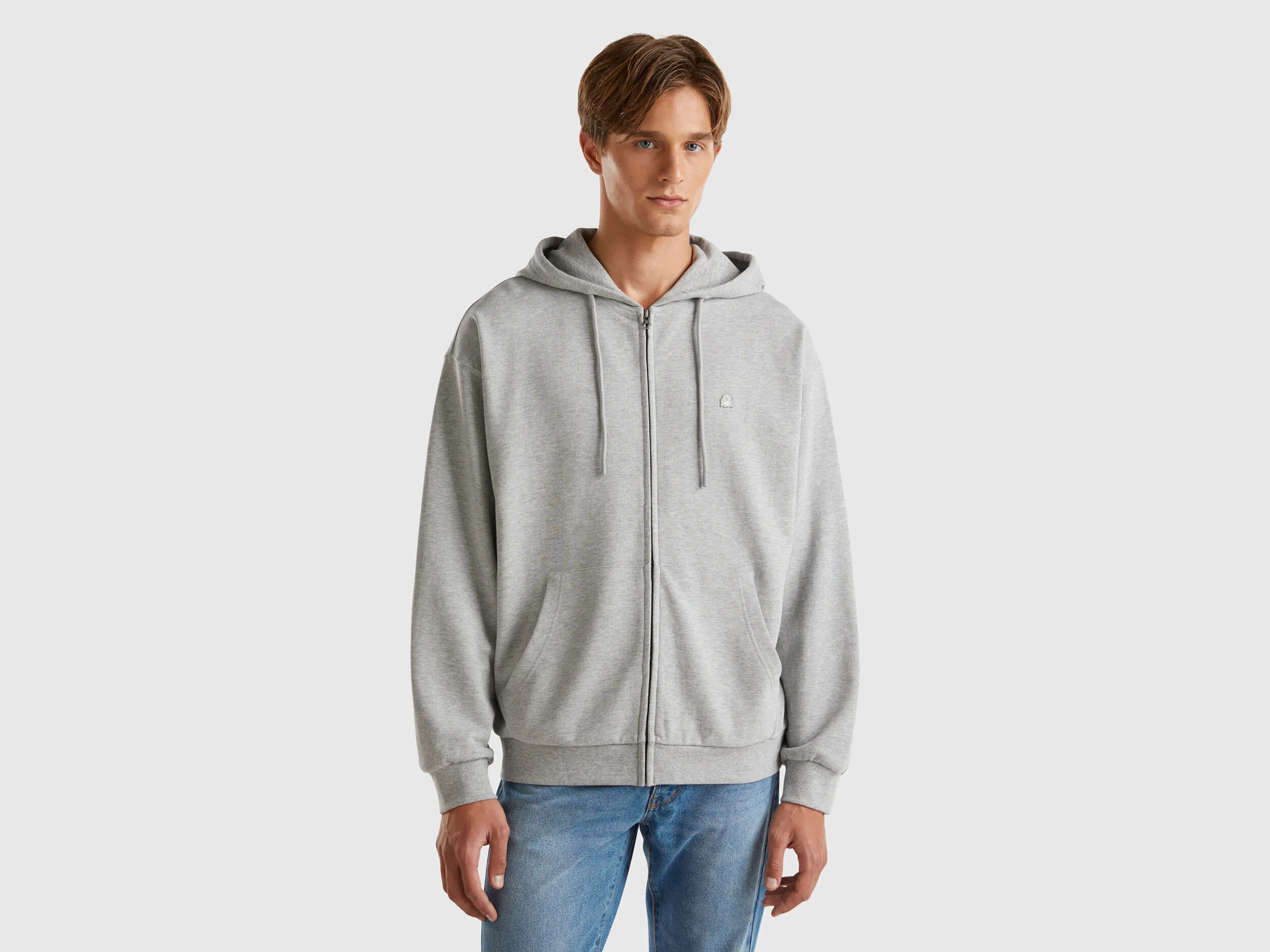 Zip-up hoodie in cotton - Light Gray | Benetton